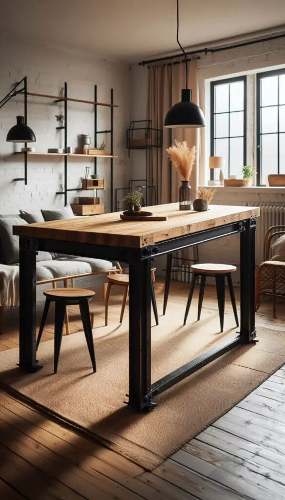 Industrial Style Wooden Table with Metal Accents